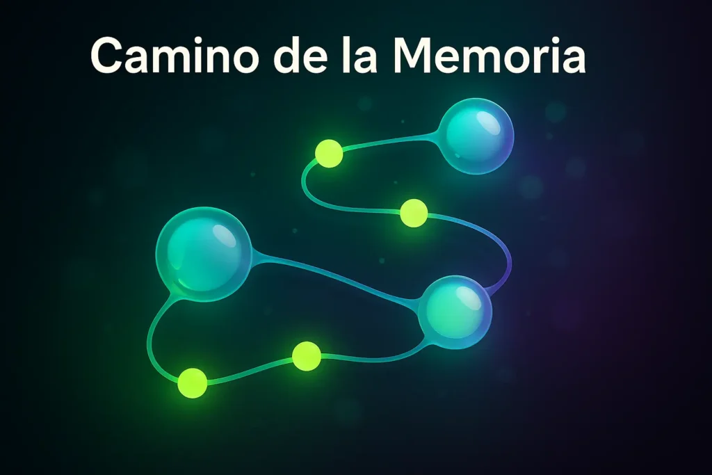 Ilustración futurista con nodos luminosos conectados en forma de S, representando un camino neuronal titulado “Camino de la Memoria