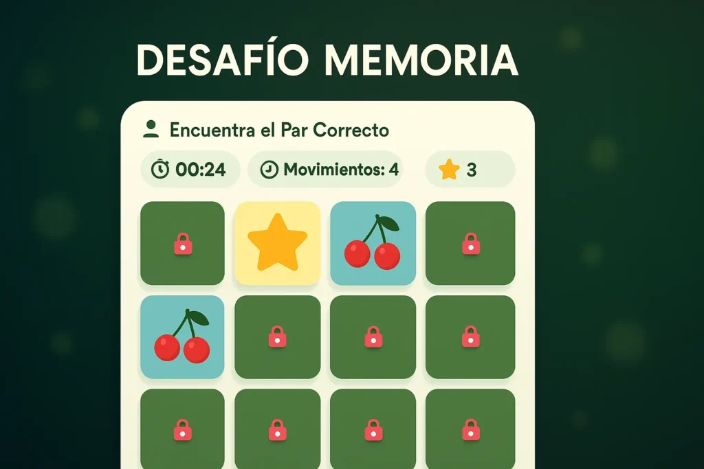 Tablero de juego de memoria con tarjetas volteadas y descubiertas mostrando íconos de estrella y cerezas, con el título “Desafío Memoria” en la parte superior.